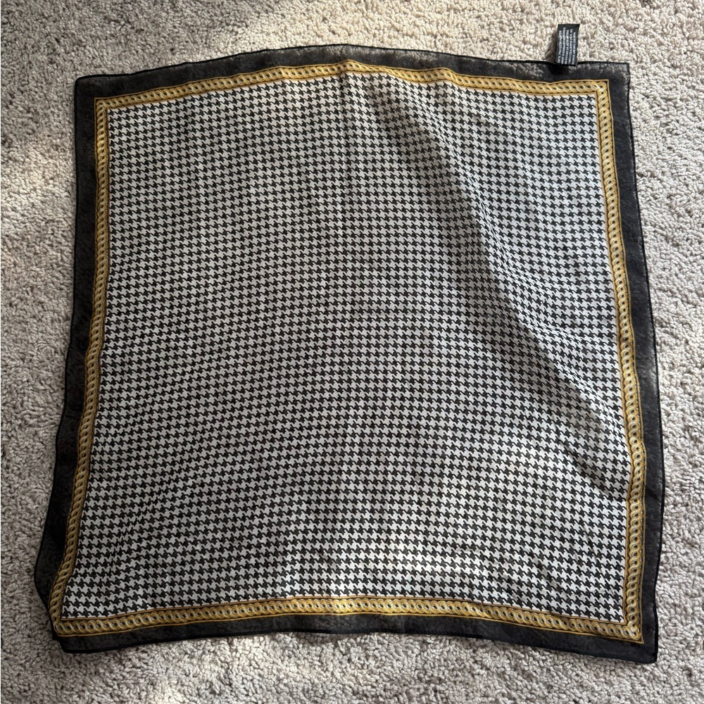 Vintage Black and White Houndstooth Scarf with Gold Trim